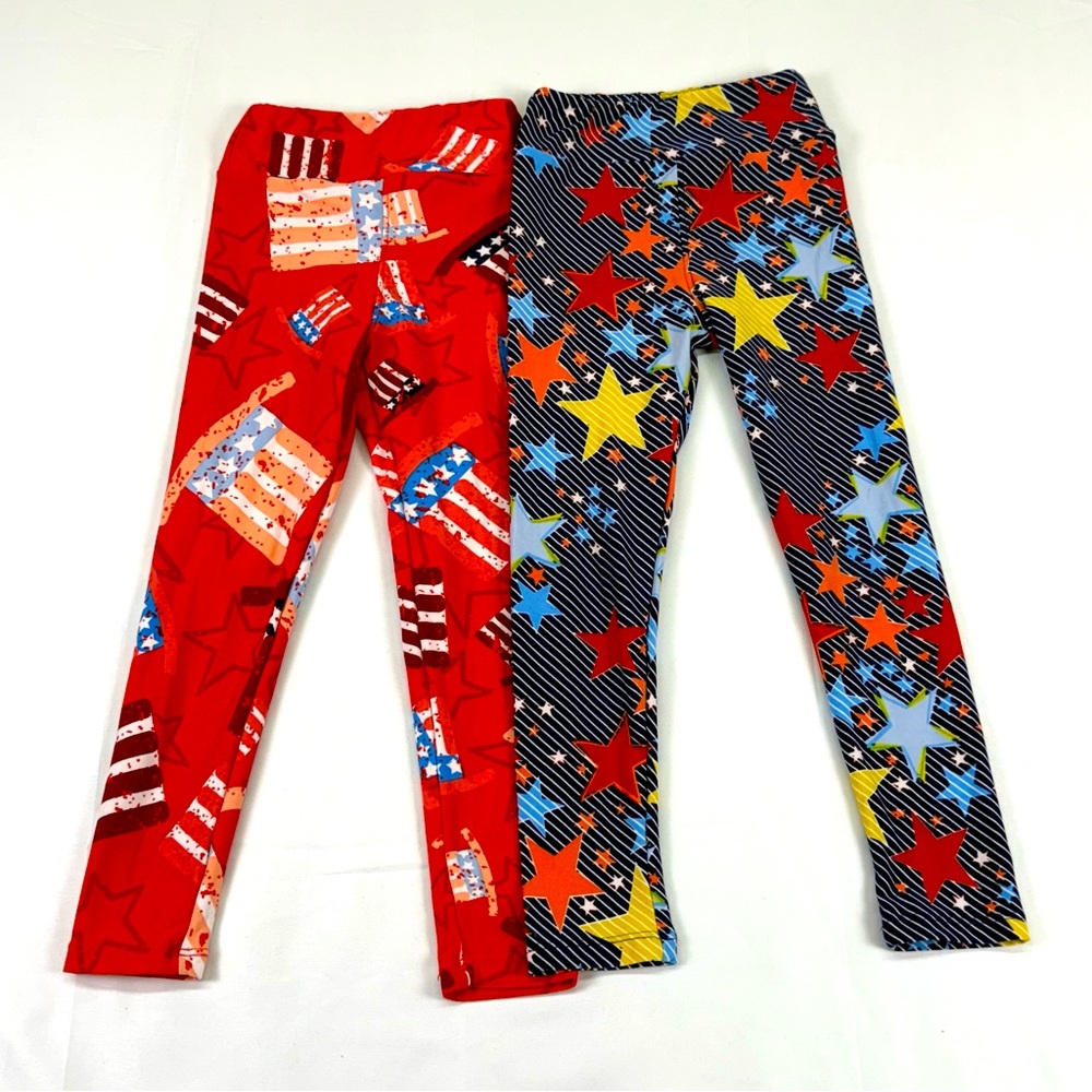 LuLaRoe Vibrant Star and Stripe Kids Leggings Lot of 2 4th of‎ July Size S/M